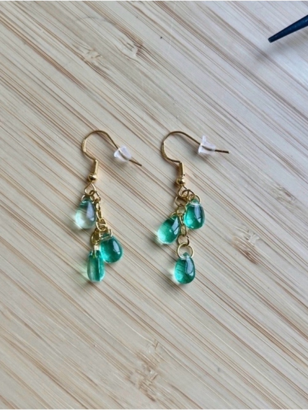 Handmade Gold Drop Earrings with Teal Teardrop Beads
